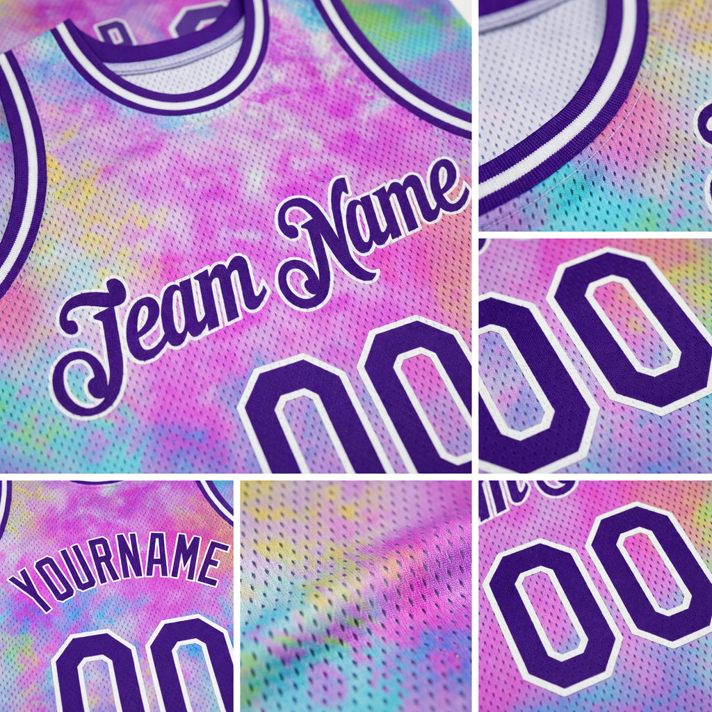 Custom Tie Dye Purple-White 3D Watercolor Gradient Authentic Basketball Jersey detail