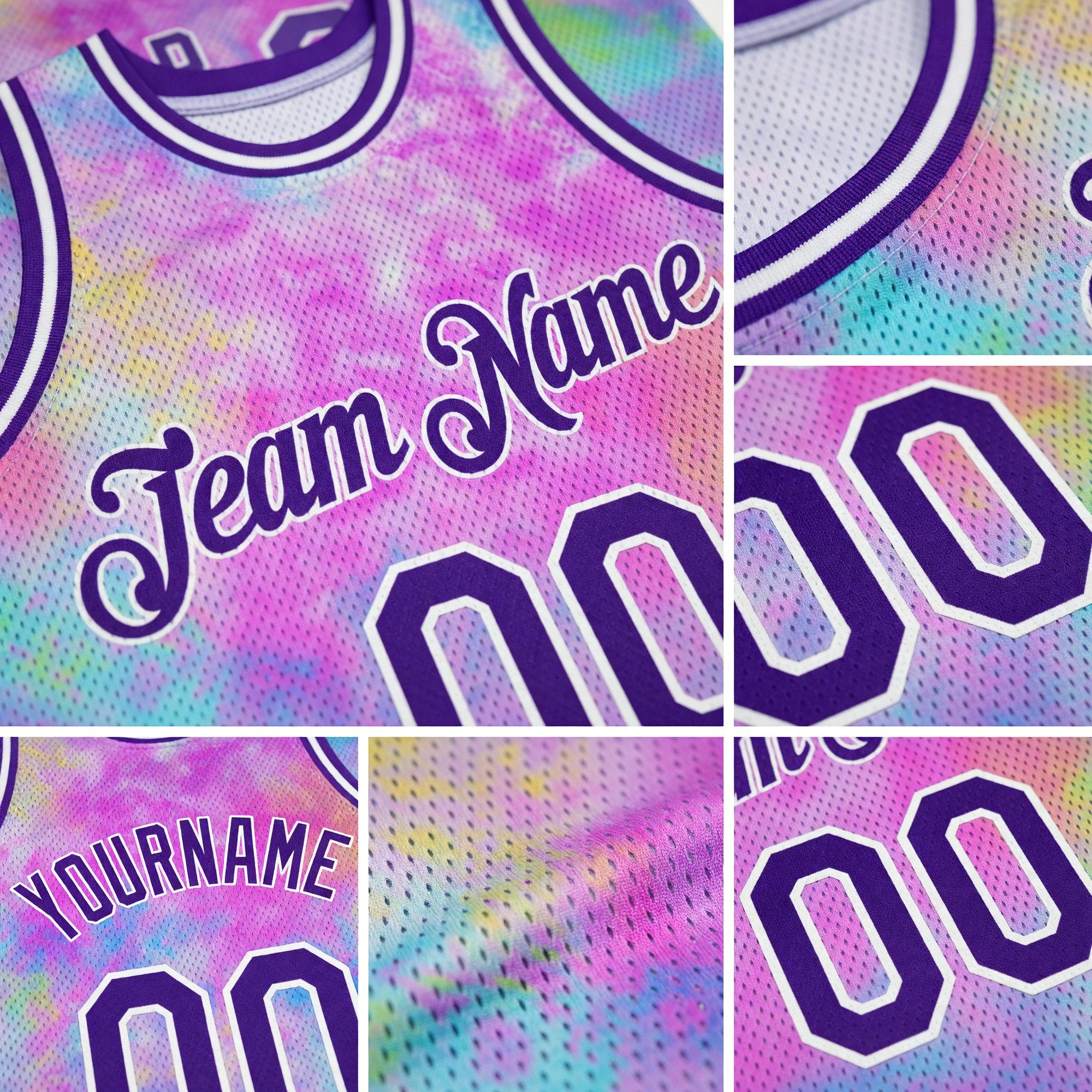 Custom Tie Dye Purple-White 3D Watercolor Gradient Authentic Basketball Jersey detail