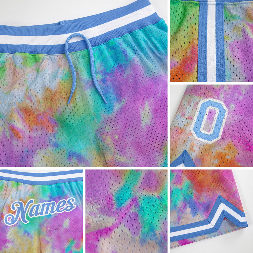 Custom Tie Dye Light Blue-White 3D Authentic Basketball Shorts detail