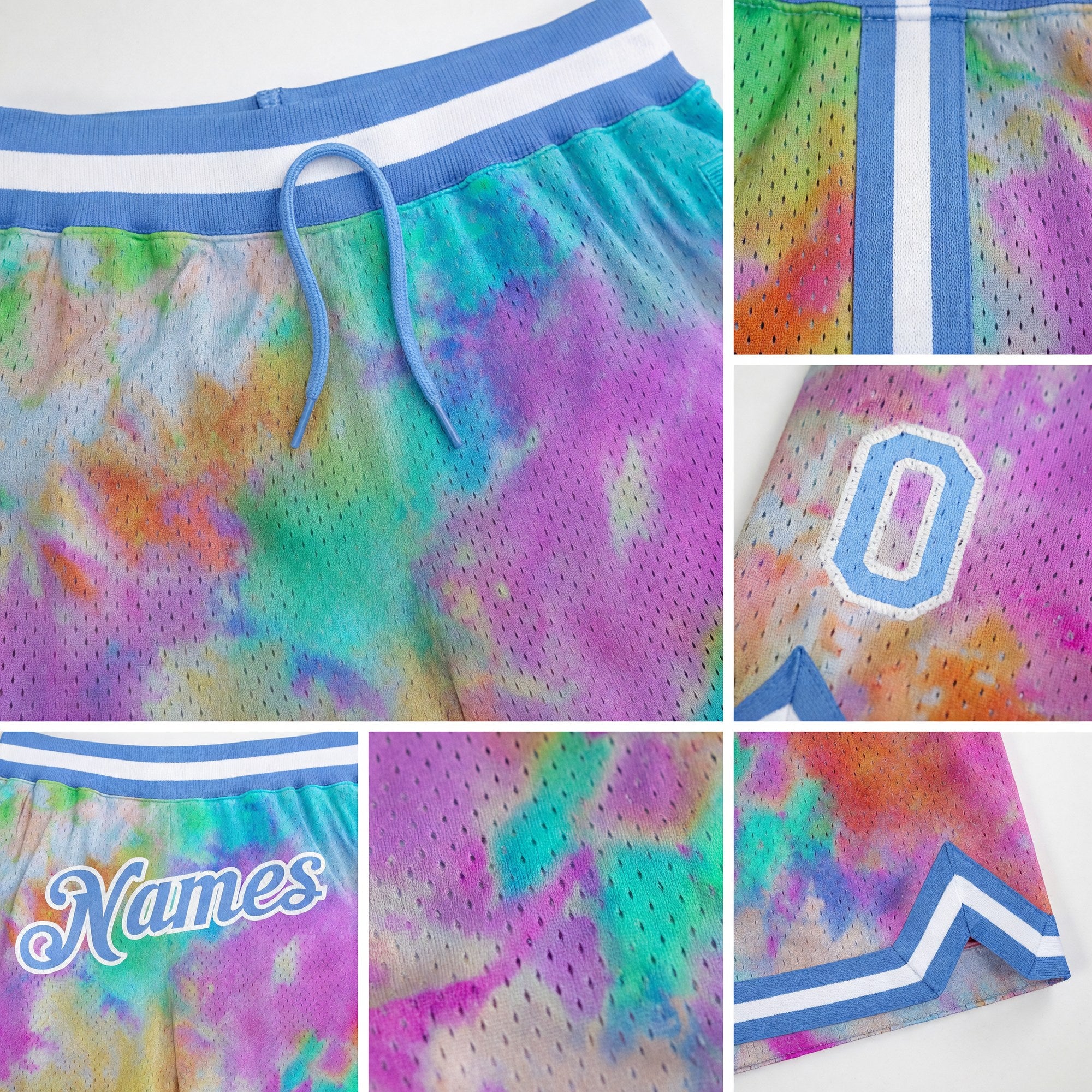Custom Tie Dye Light Blue-White 3D Authentic Basketball Shorts detail