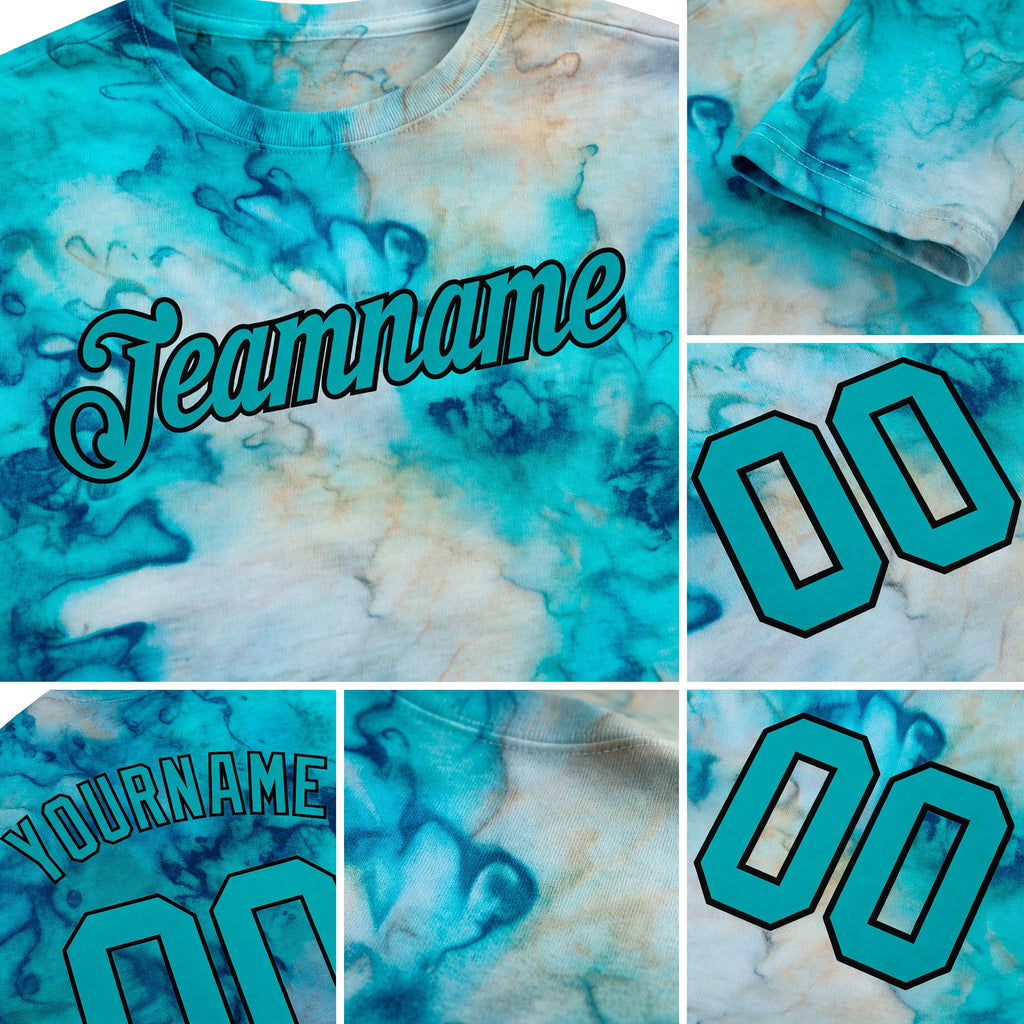 Custom Tie Dye Aqua-Black 3D Performance T-Shirt detail