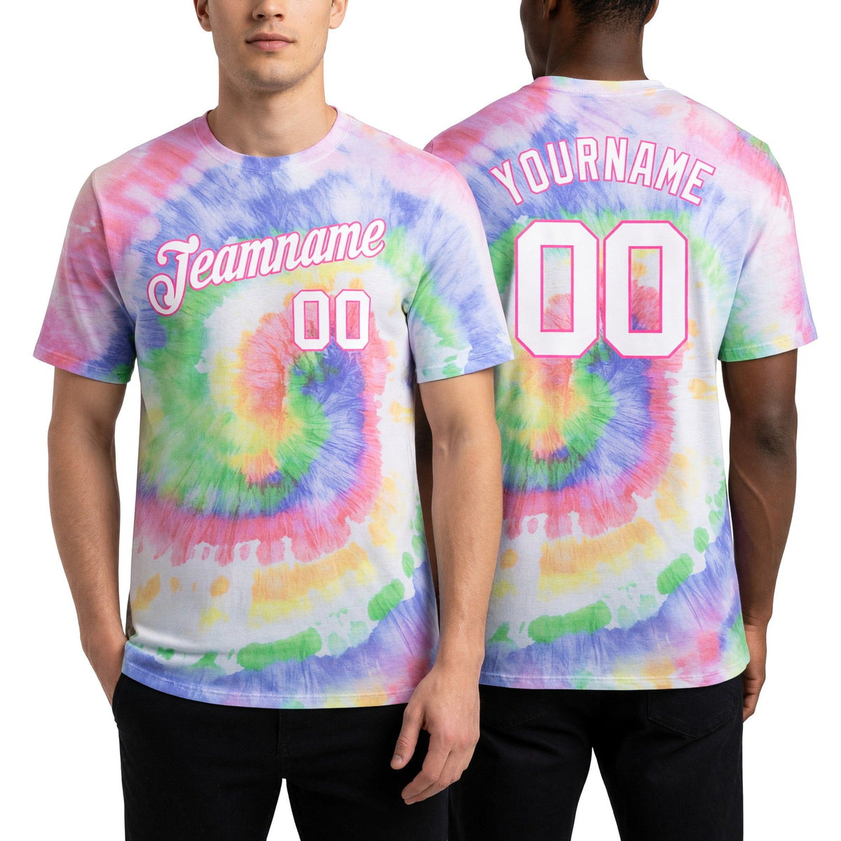 Custom Tie Dye White-Pink 3D Performance T-Shirt worn front and back