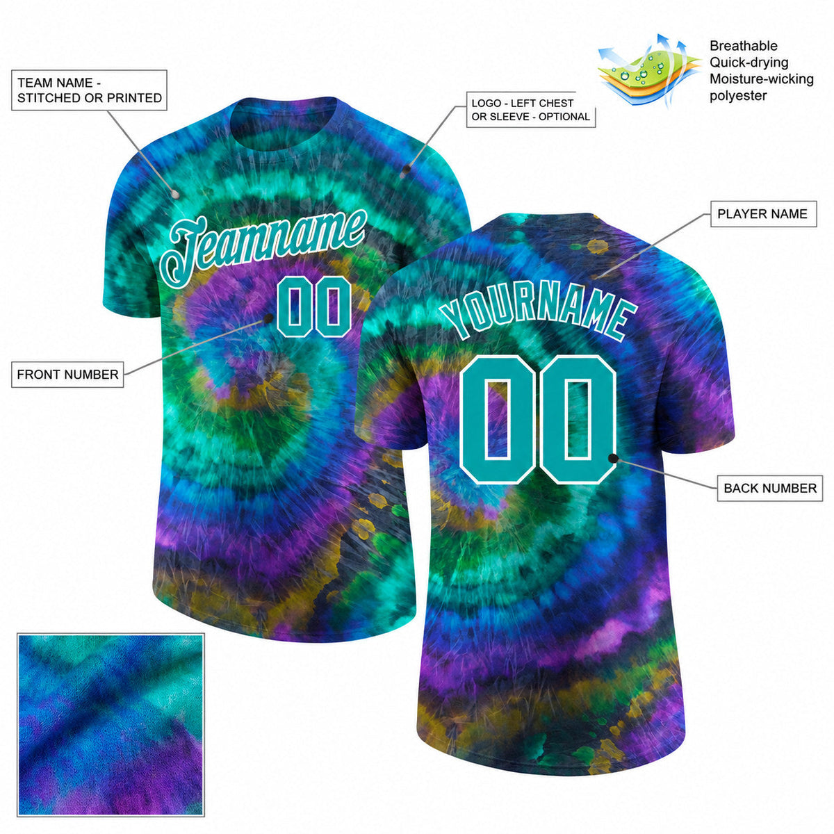 Custom Aqua and White Tie Dye Performance T-Shirt customization guide