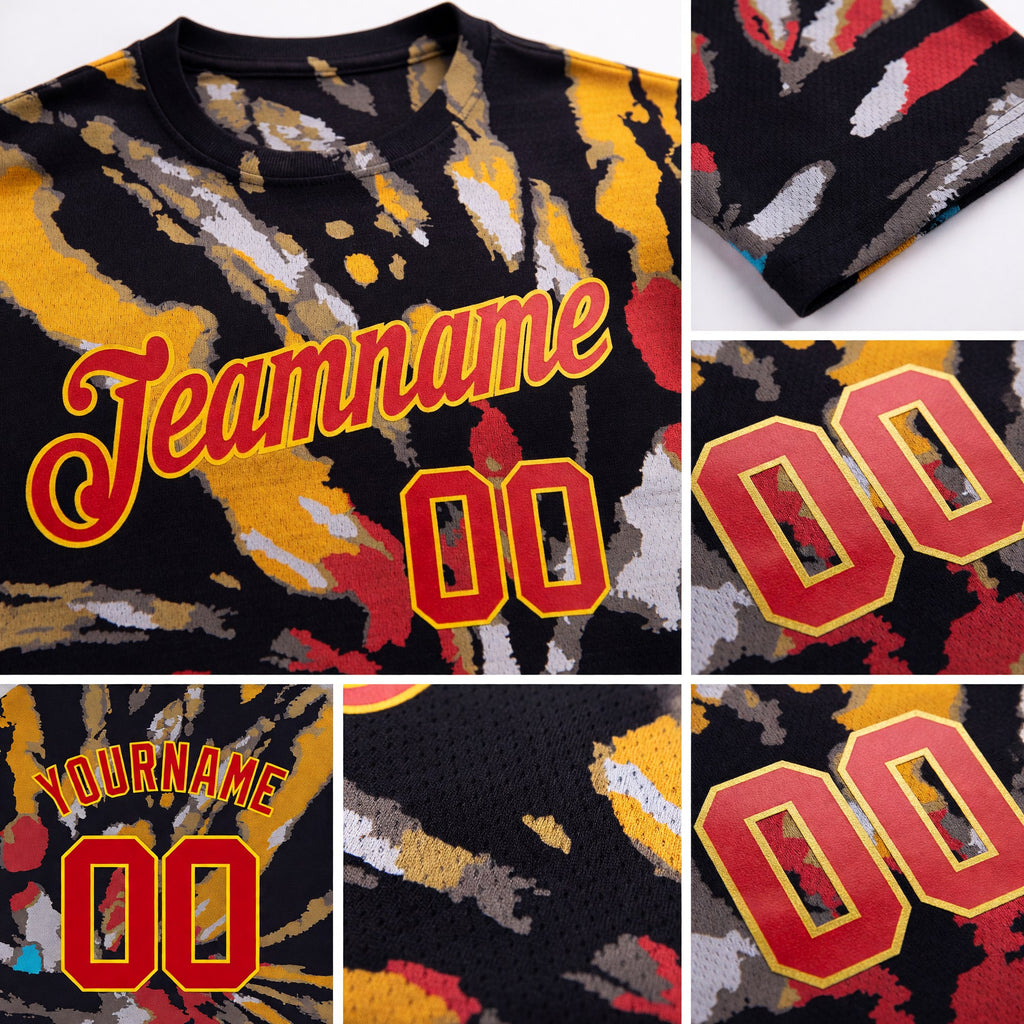 Custom Tie Dye Red-Gold 3D Performance T-Shirt detail