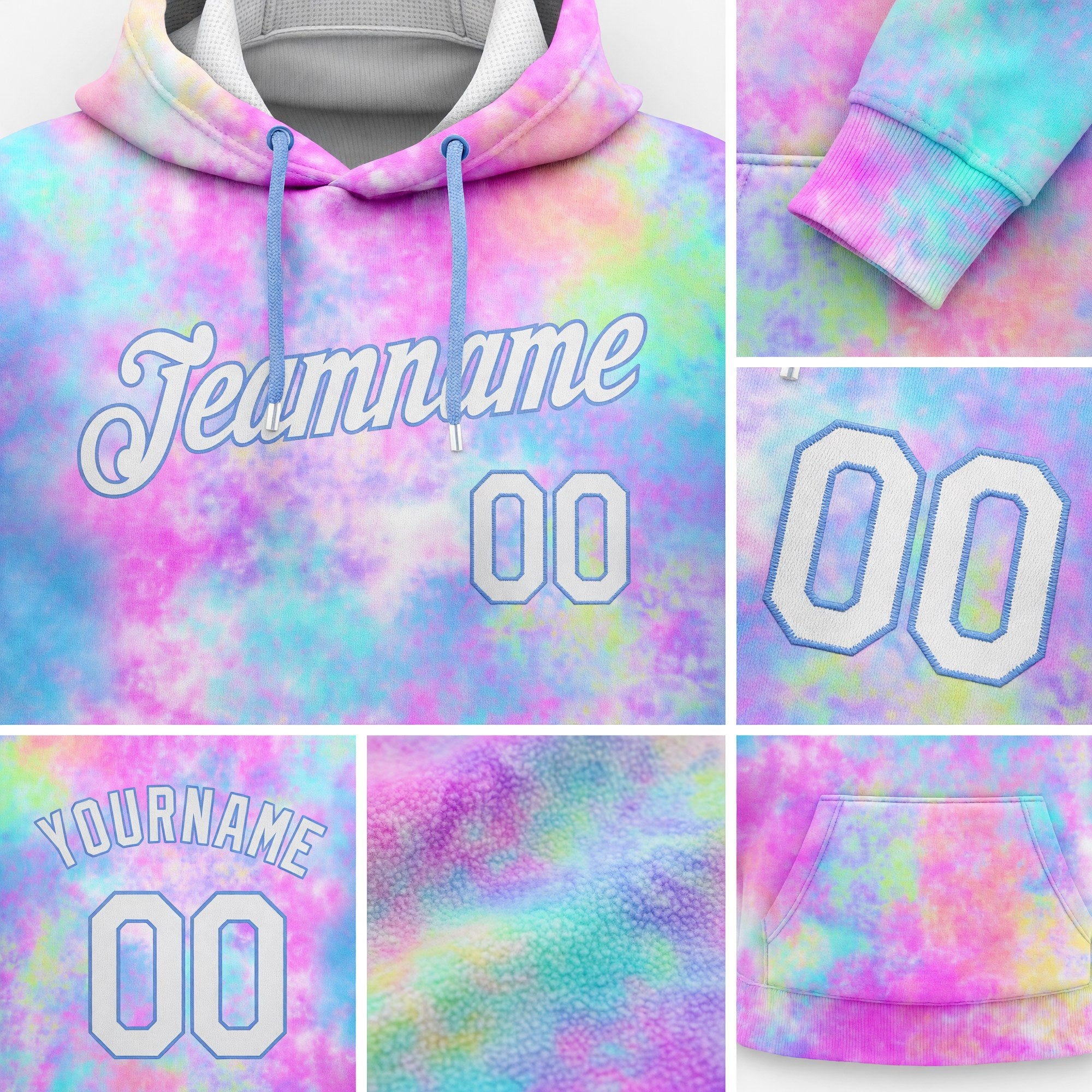 Custom Stitched Tie Dye White-Light Blue 3D Watercolor Gradient Sports Pullover Sweatshirt Hoodie detail