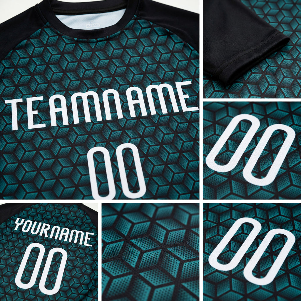 Custom Teal White-Black Geometric Shape Sublimation Volleyball Uniform Jersey detail