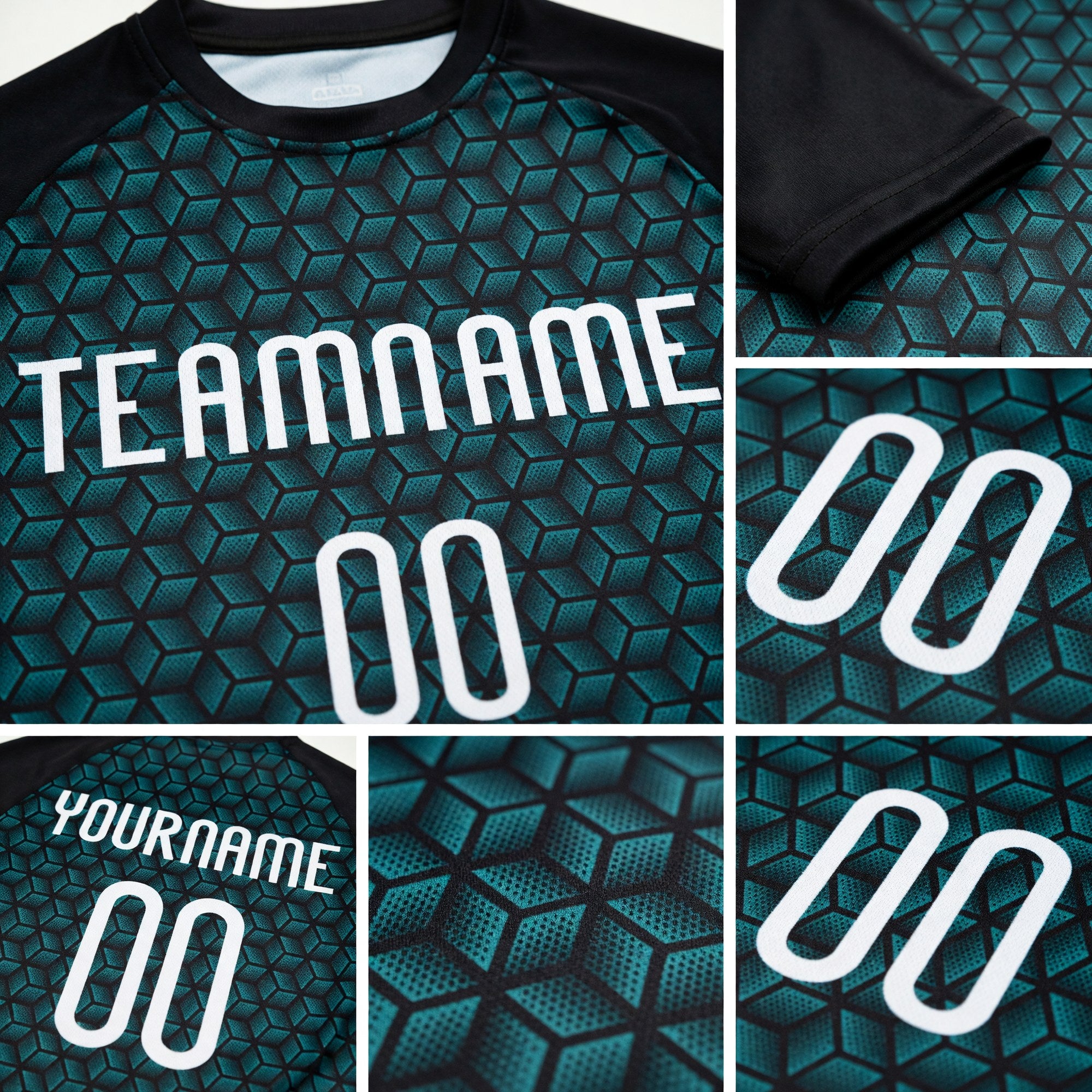 Custom Teal White-Black Geometric Shape Sublimation Volleyball Uniform Jersey detail