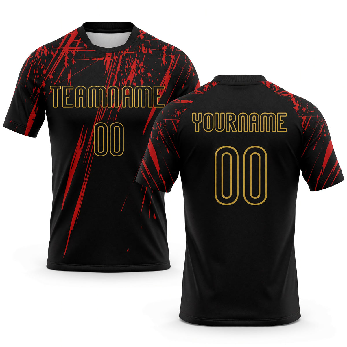 Custom Black Red-Old Gold Splash Sublimation Volleyball Uniform Jersey
