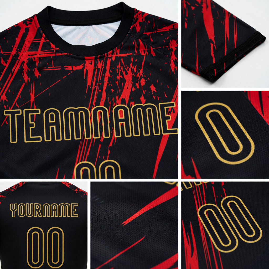 Custom Black Red-Old Gold Splash Sublimation Volleyball Uniform Jersey detail