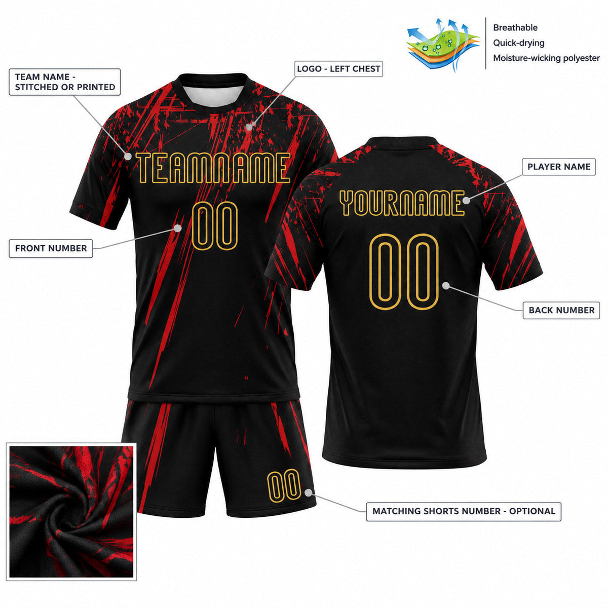 Custom Black Splash Sublimated Volleyball Jersey with Red and Old Gold Lettering customization guide