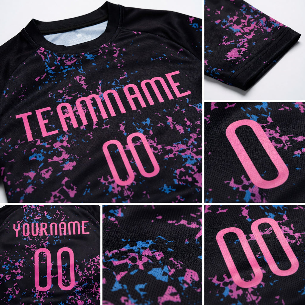 Custom Black Pink-Light Blue Abstract Fragment Art Sublimation Volleyball Uniform Jersey detail
