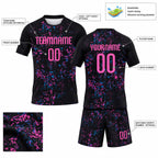 Custom Black Abstract Fragment Art Sublimated Volleyball Jersey with Pink and Light Blue Lettering customization guide