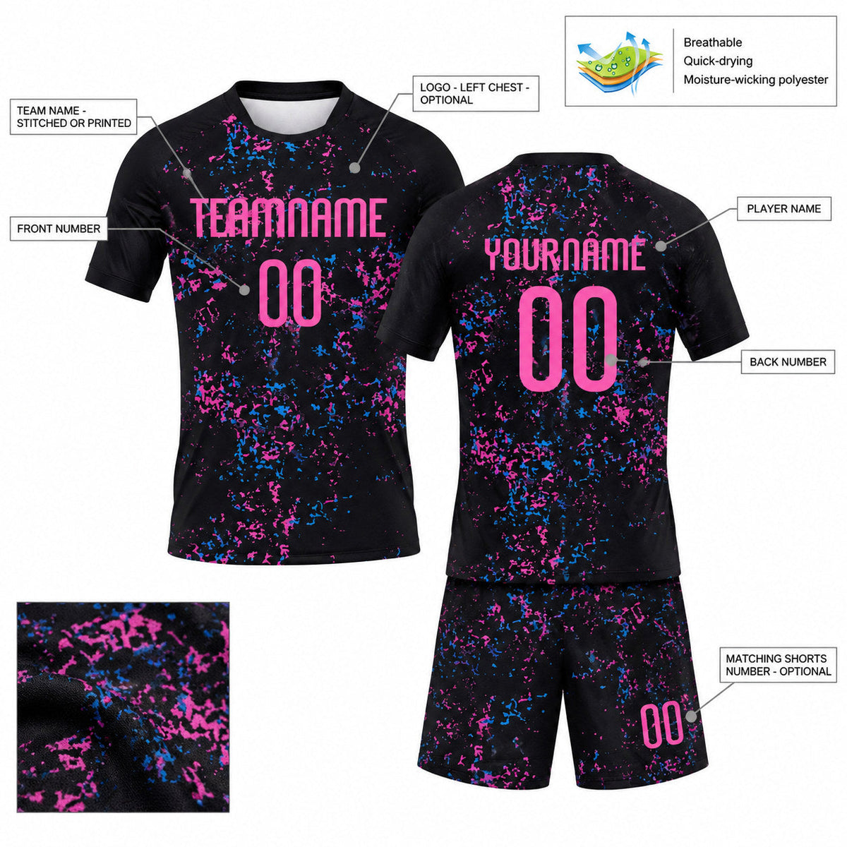 Custom Black Abstract Fragment Art Sublimated Volleyball Jersey with Pink and Light Blue Lettering customization guide