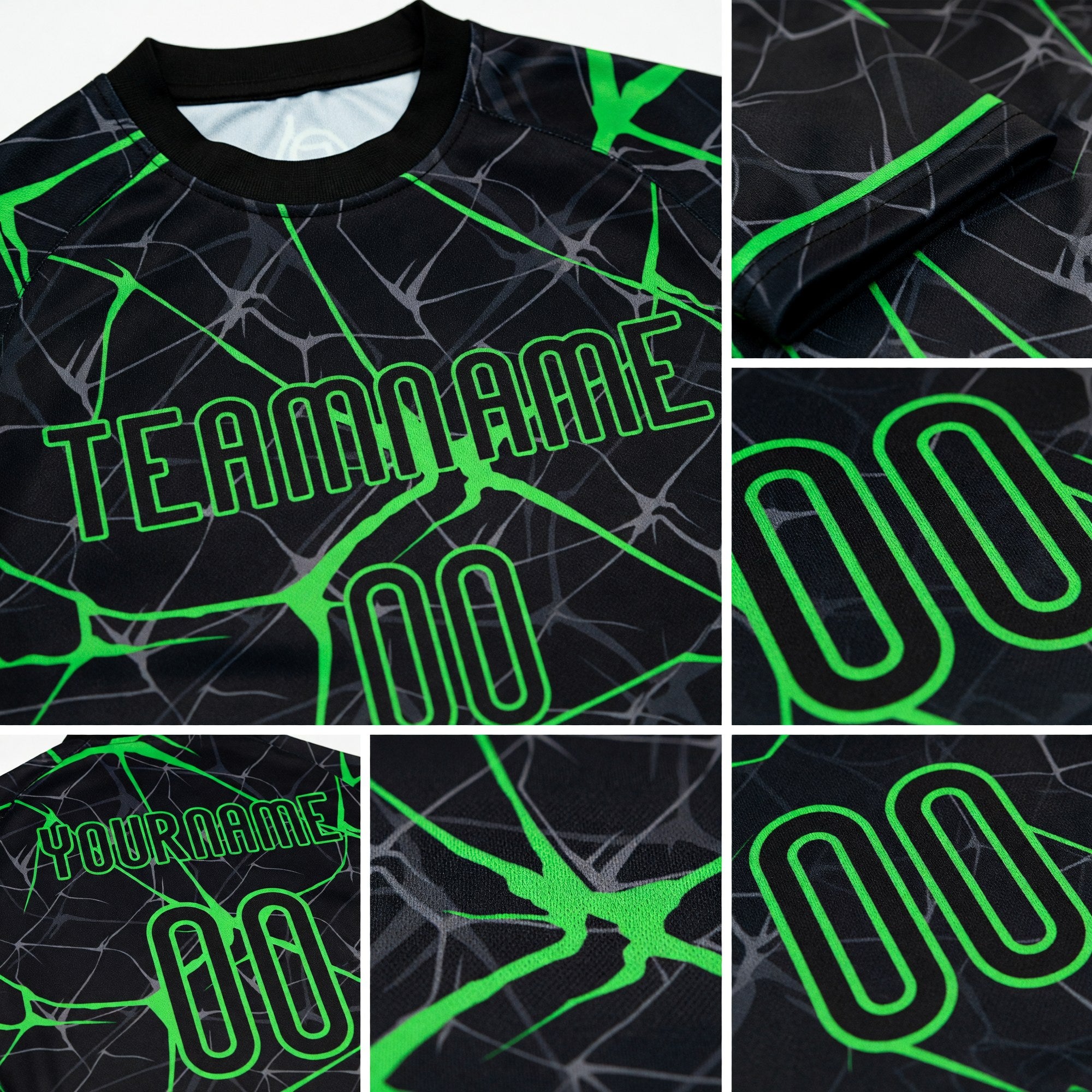 Custom Black Neon Green Abstract Network Sublimation Volleyball Uniform Jersey detail