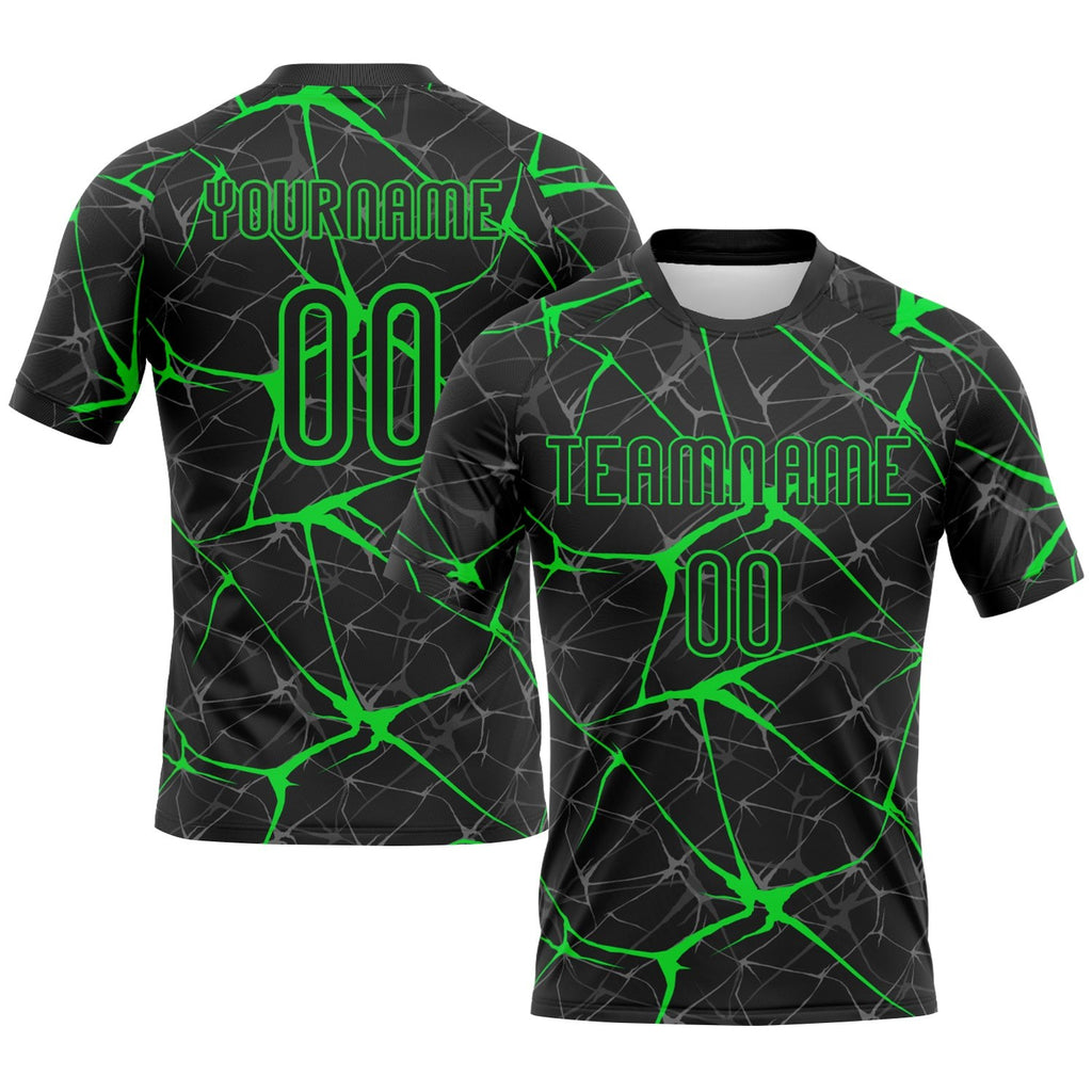 Custom Black Neon Green Abstract Network Sublimation Volleyball Uniform Jersey photo 1