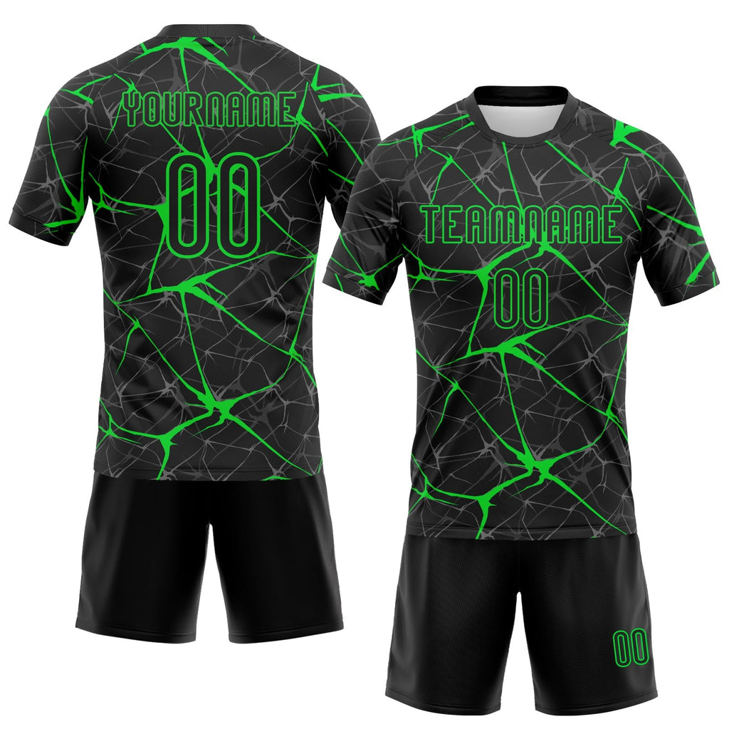 Custom Black Neon Green Abstract Network Sublimation Volleyball Uniform Jersey photo 2