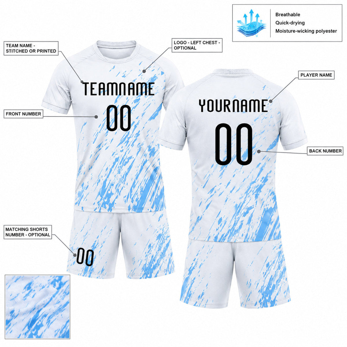 Custom White Splash Sublimated Volleyball Jersey with Black and Light Blue Lettering customization guide