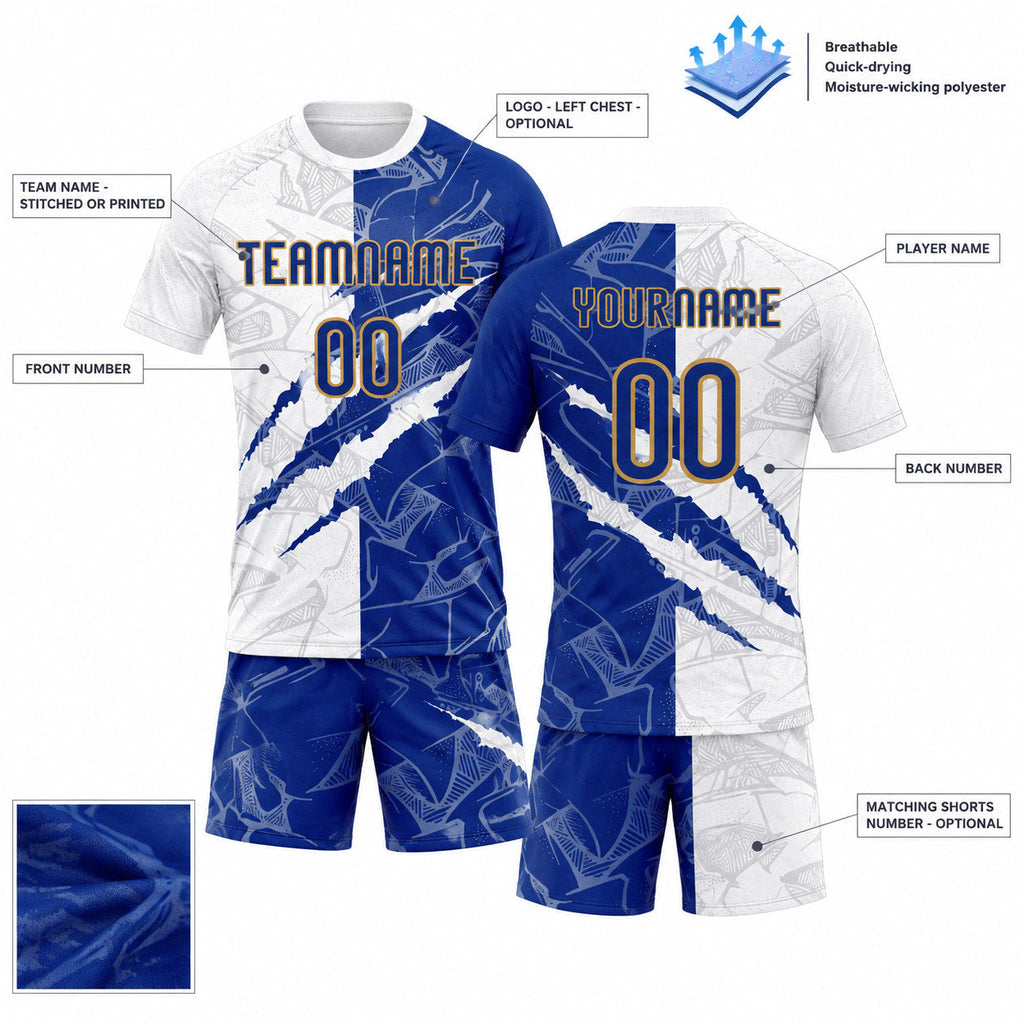Custom Royal and Old Gold Graffiti Scratch Sublimated Volleyball Jersey customization guide