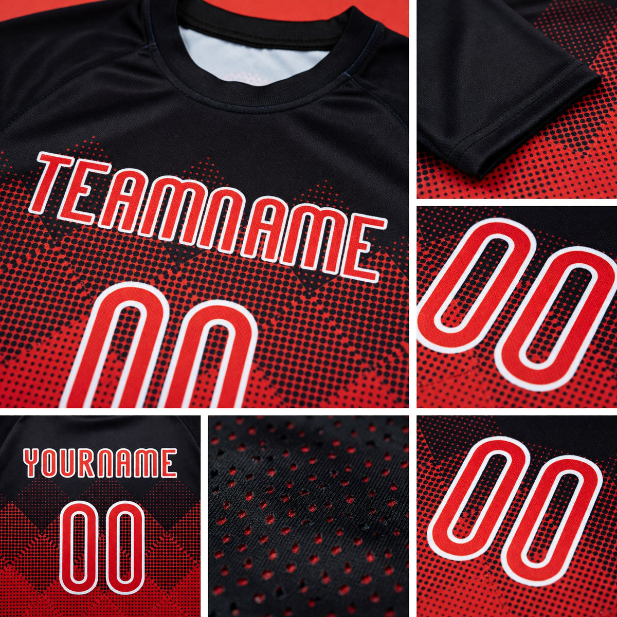 Custom Red Black-White Geometric Shape Sublimation Volleyball Uniform Jersey detail