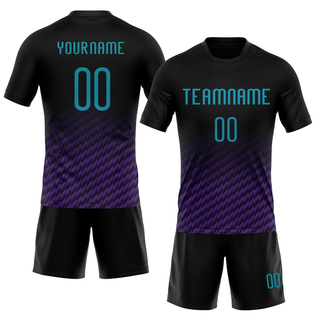 Custom Black Teal-Purple Geometric Shape Sublimation Volleyball Uniform Jersey photo 2