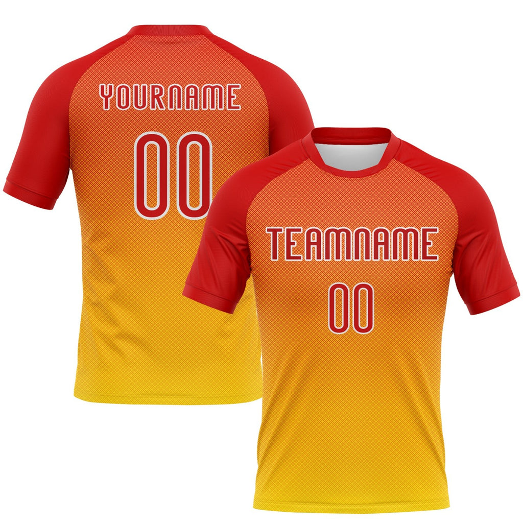 Custom Yellow Red-White Geometric Shape Sublimation Volleyball Uniform Jersey photo 1