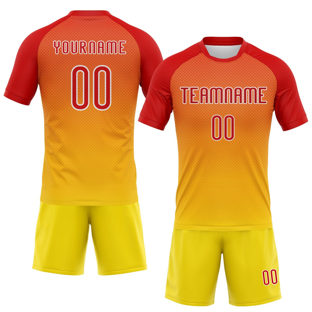Custom Yellow Red-White Geometric Shape Sublimation Volleyball Uniform Jersey photo 2