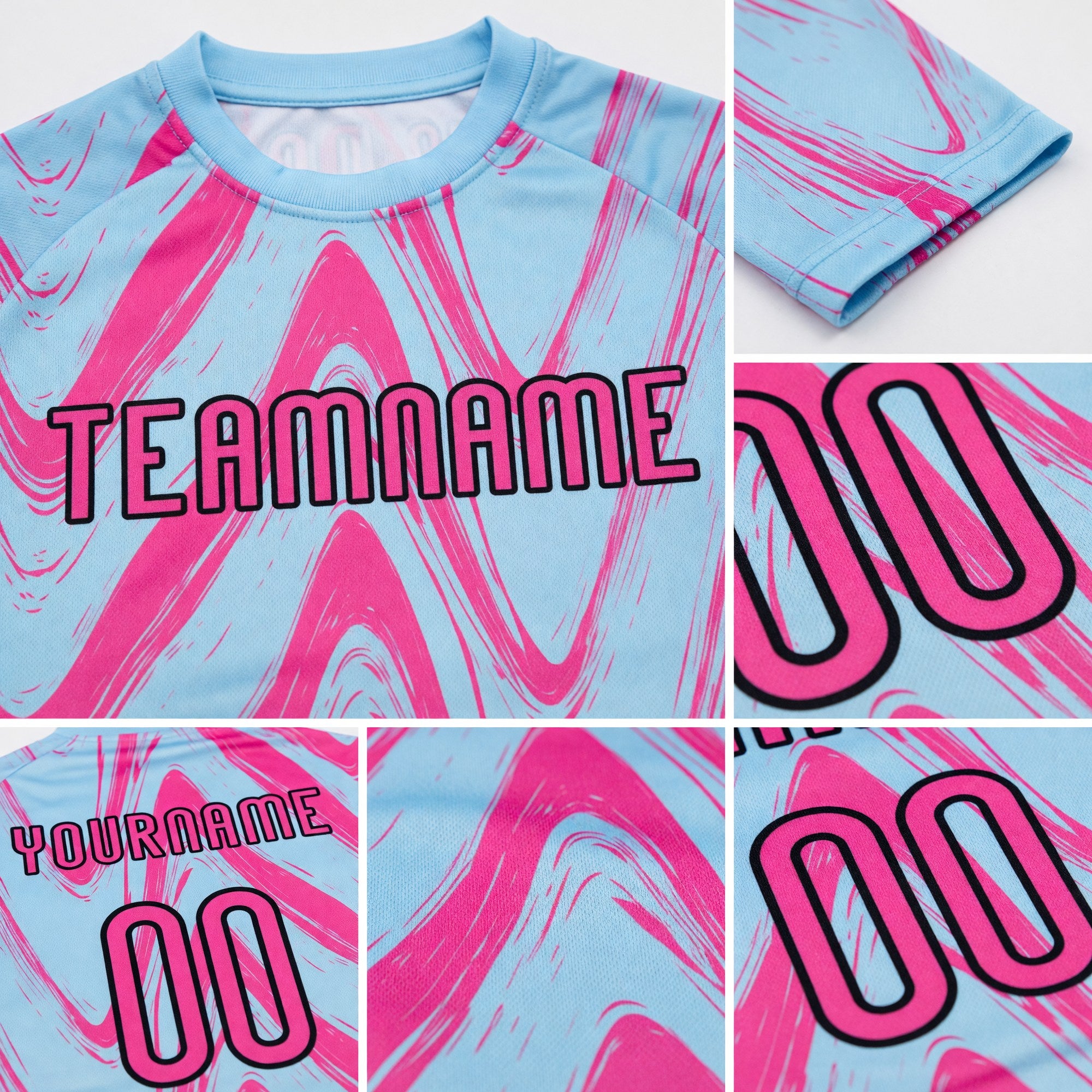Custom Light Blue Pink-Black Fluid Sublimation Volleyball Uniform Jersey detail