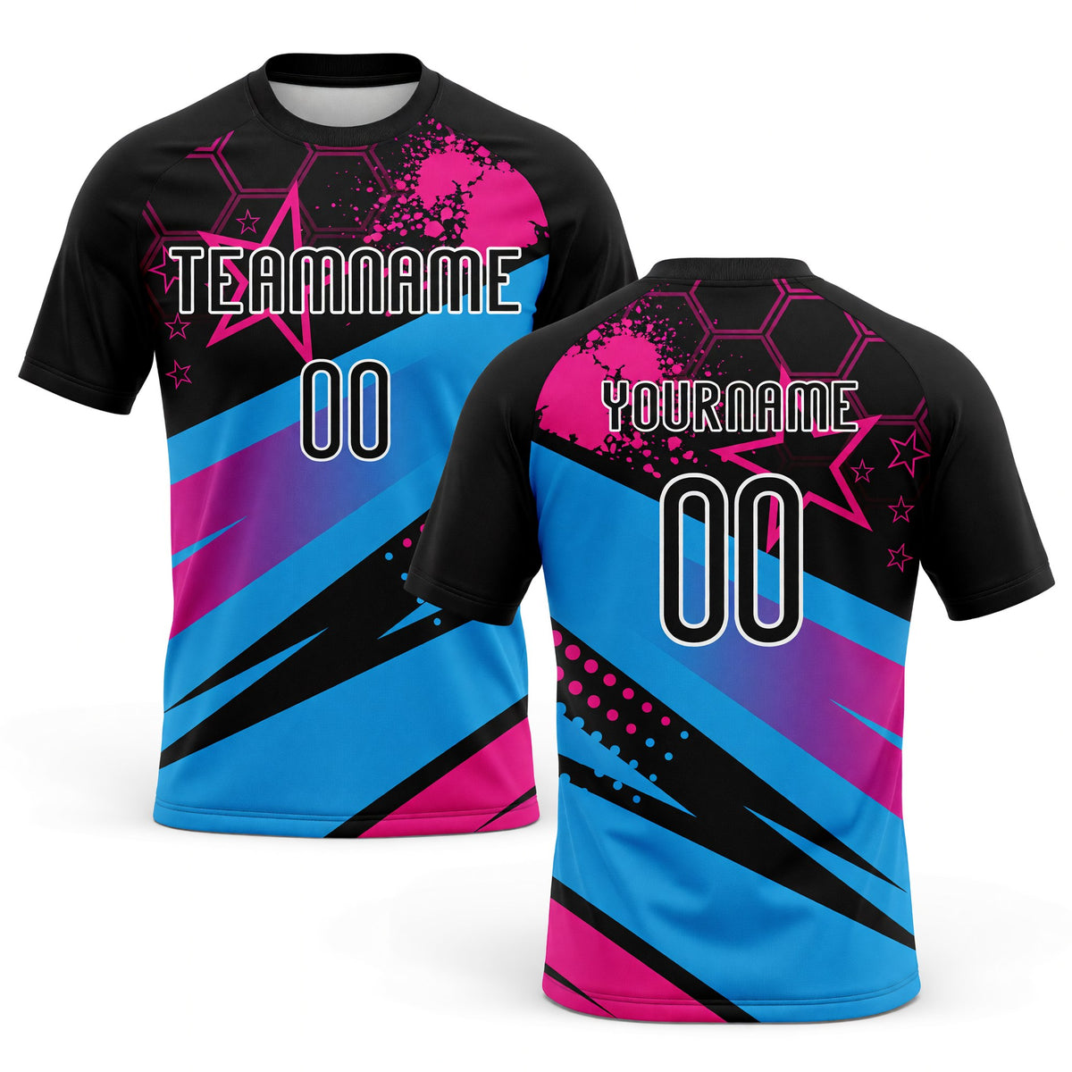 Custom Black Sky Blue-Pink Geometric Shape And Splash Sublimation Volleyball Uniform Jersey
