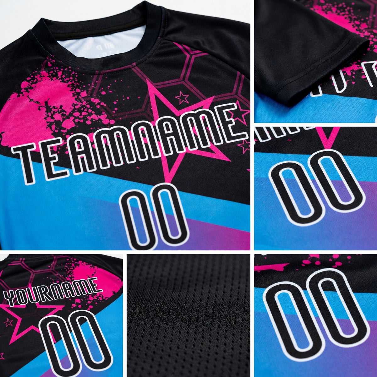 Custom Black Sky Blue-Pink Geometric Shape And Splash Sublimation Volleyball Uniform Jersey detail
