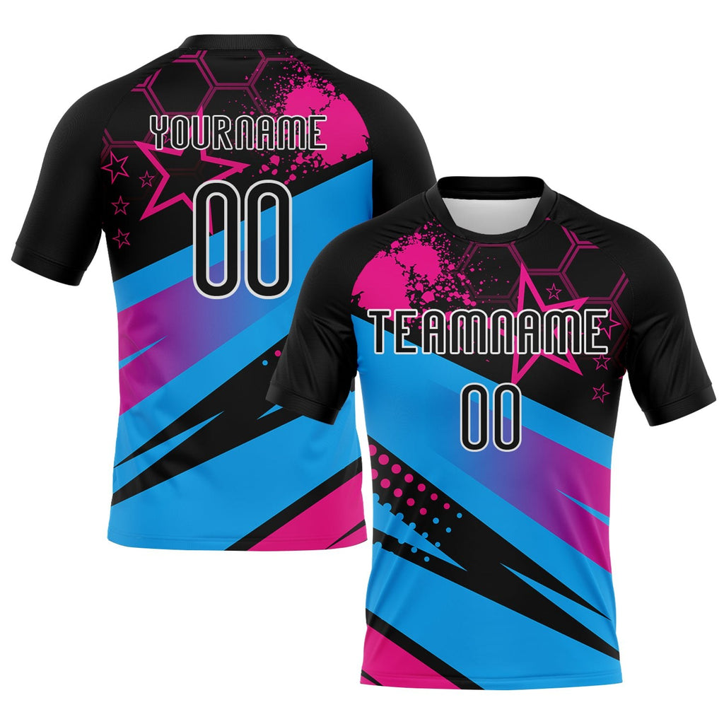 Custom Black Sky Blue-Pink Geometric Shape And Splash Sublimation Volleyball Uniform Jersey photo 1