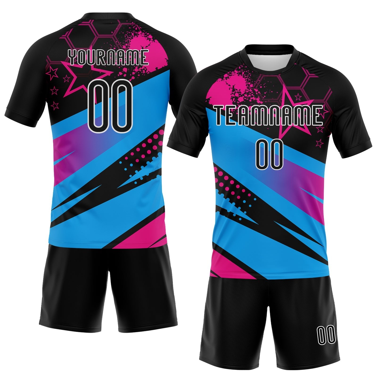 Custom Black Sky Blue-Pink Geometric Shape And Splash Sublimation Volleyball Uniform Jersey photo 2