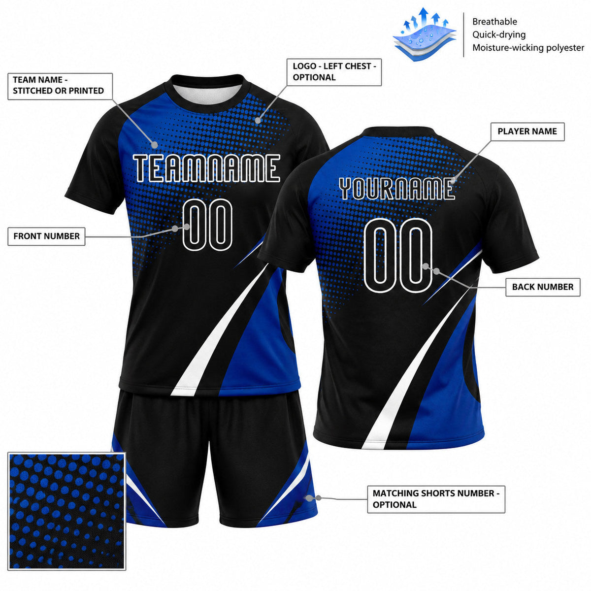 Custom Black Lines And Dots Sublimated Volleyball Jersey with Thunder Blue and White Lettering customization guide