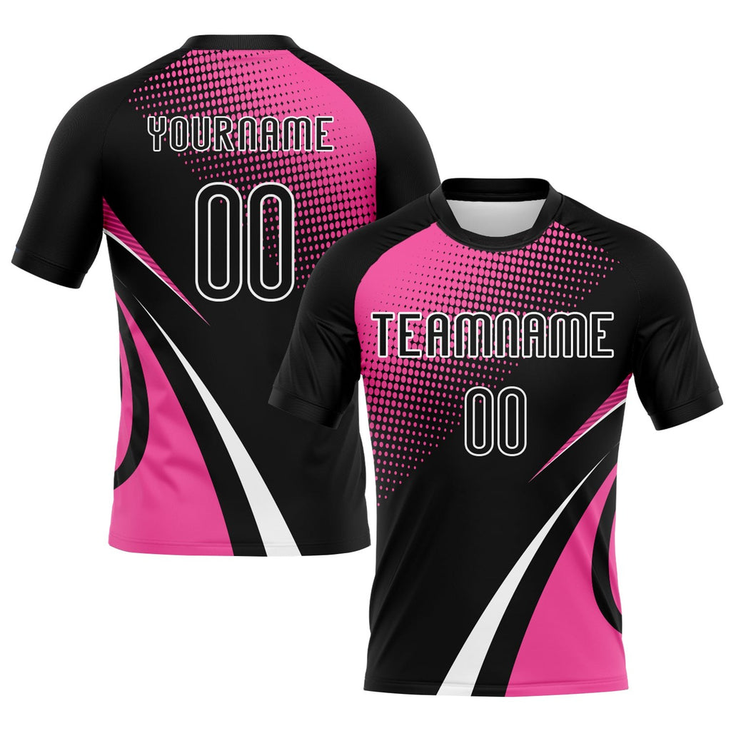 Custom Black Pink-White Lines And Dots Sublimation Volleyball Uniform Jersey photo 1