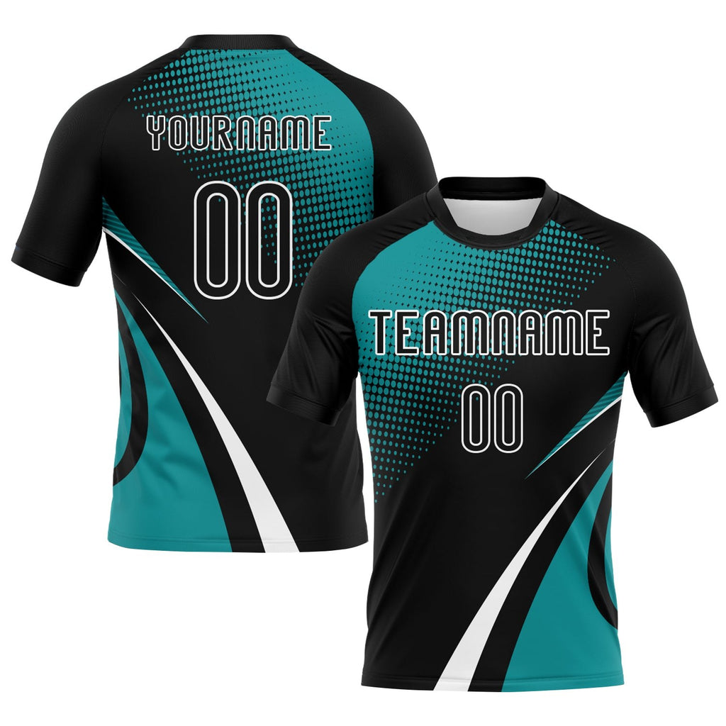 Custom Black Teal-White Lines And Dots Sublimation Volleyball Uniform Jersey photo 1