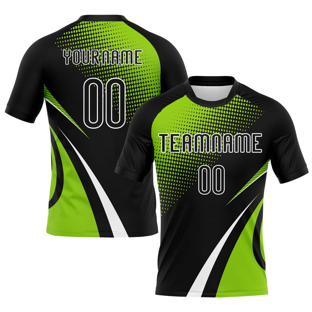 Custom Black Neon Green-White Lines And Dots Sublimation Volleyball Uniform Jersey photo 1
