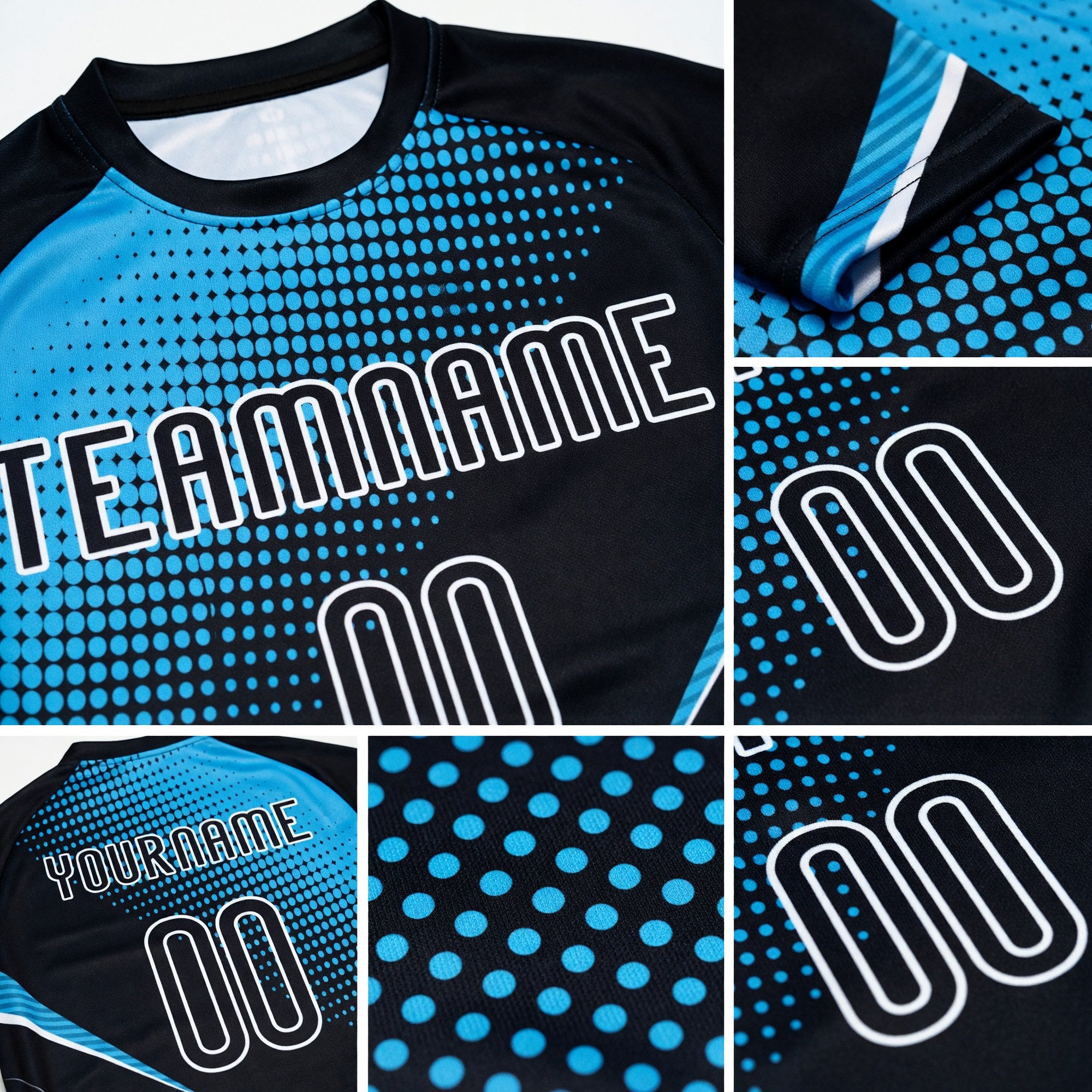 Custom Black Sky Blue-White Lines And Dots Sublimation Volleyball Uniform Jersey detail