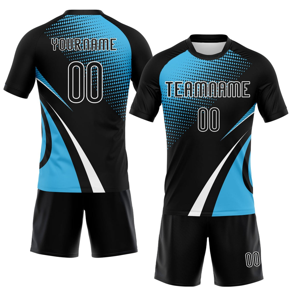 Custom Black Sky Blue-White Lines And Dots Sublimation Volleyball Uniform Jersey photo 2
