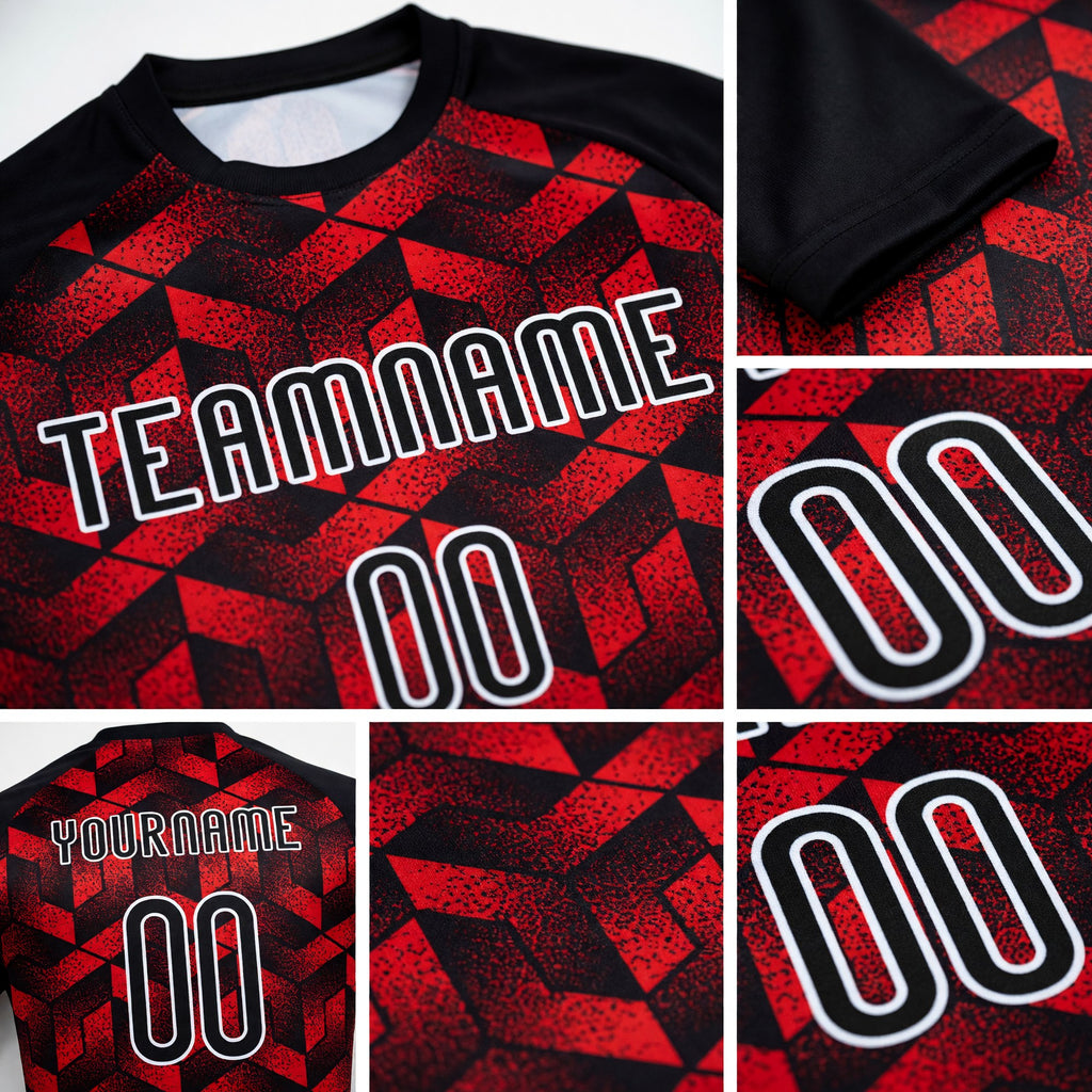 Custom Fire Red Black-White Geometric Shape Sublimation Volleyball Uniform Jersey detail