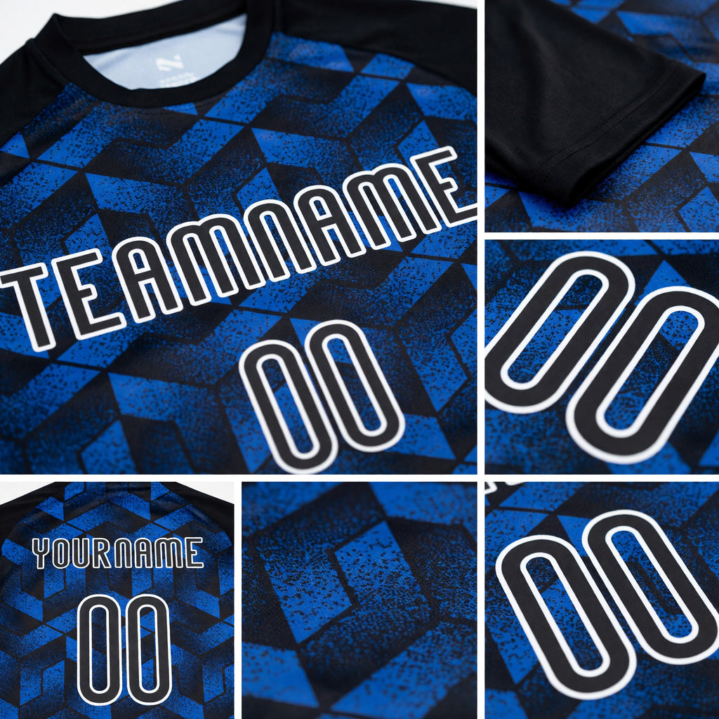 Custom Thunder Blue Black-White Geometric Shape Sublimation Volleyball Uniform Jersey detail