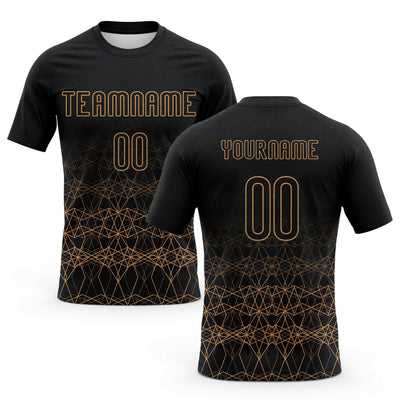 Custom Black Geometric Shape Sublimated Volleyball Jersey with Old Gold Lettering