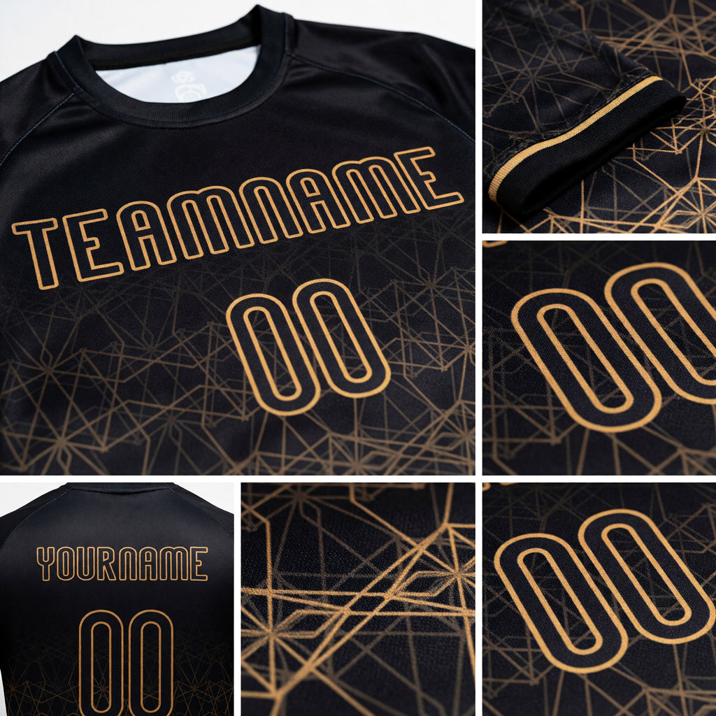 Custom Black Old Gold Geometric Shape Sublimation Volleyball Uniform Jersey detail