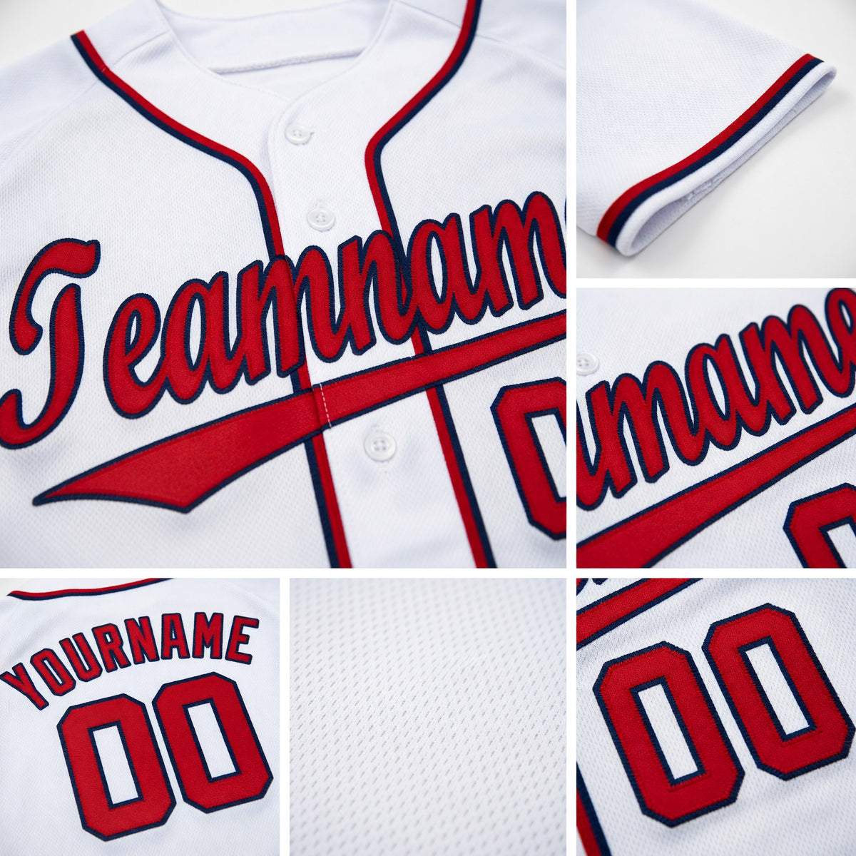 Custom White Red-Navy Baseball Jersey detail