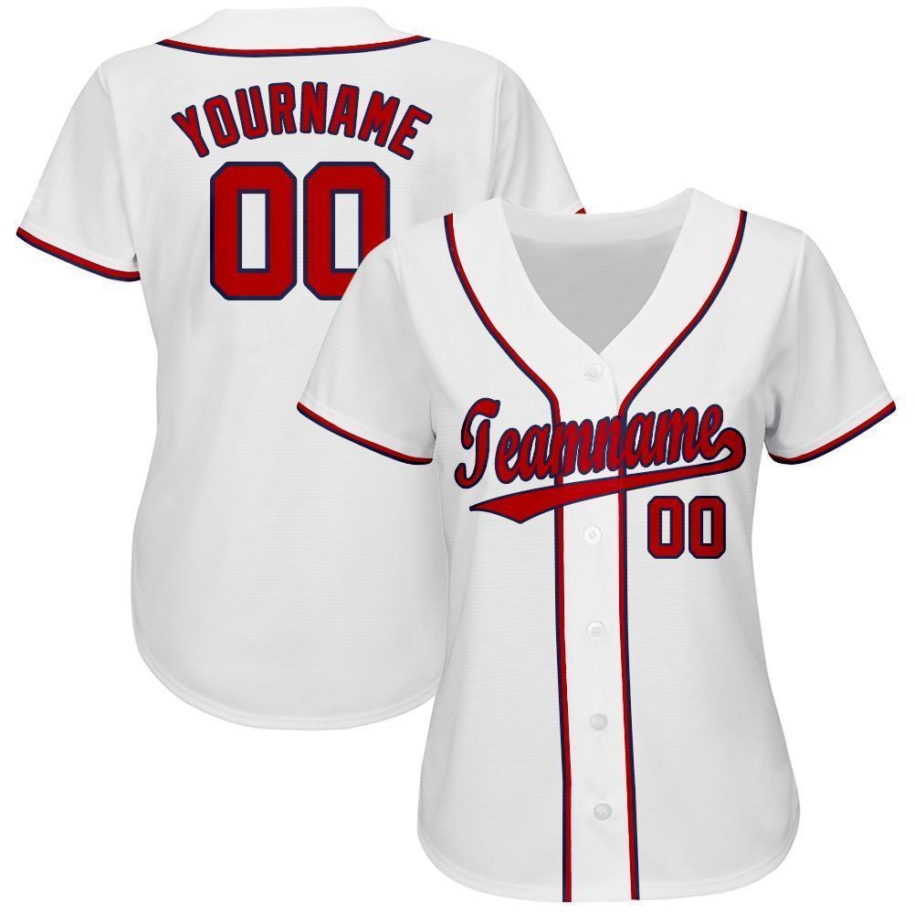 Custom White Red-Navy Baseball Jersey photo 2