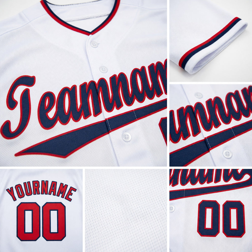 Custom White Red-Navy Baseball Jersey detail
