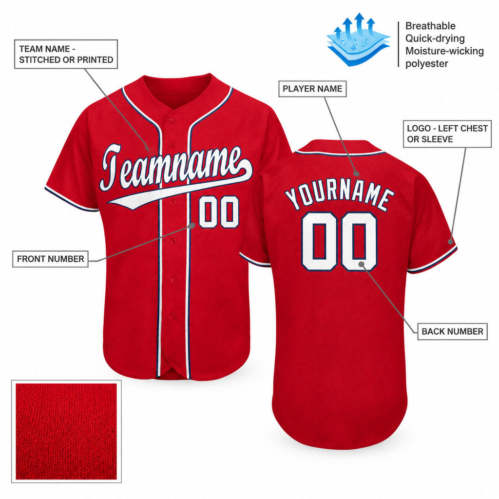 Custom Red Baseball Jersey with White and Navy Lettering Design 0097 customization guide