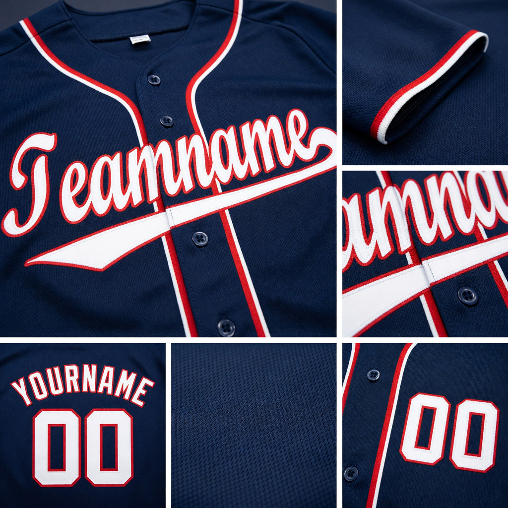 Custom Navy White-Red Baseball Jersey detail