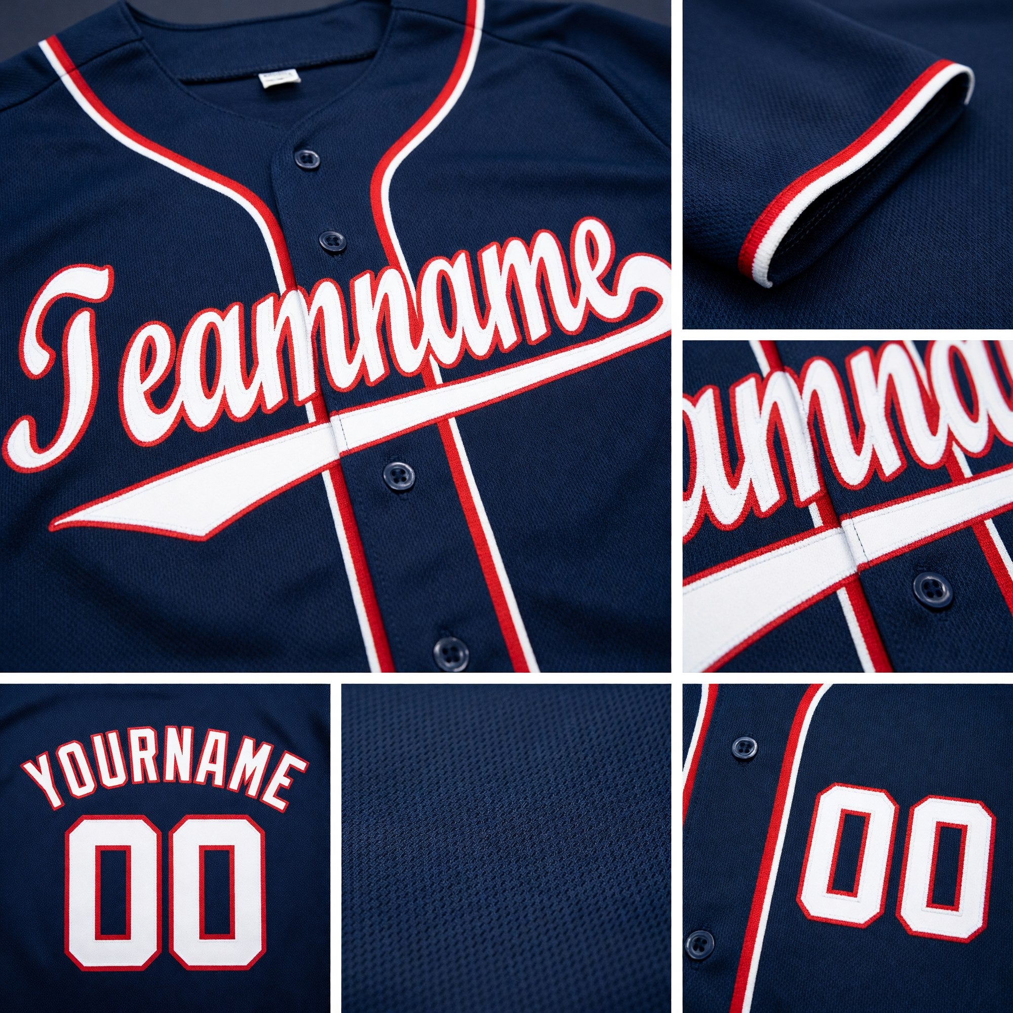 Custom Navy White-Red Baseball Jersey detail