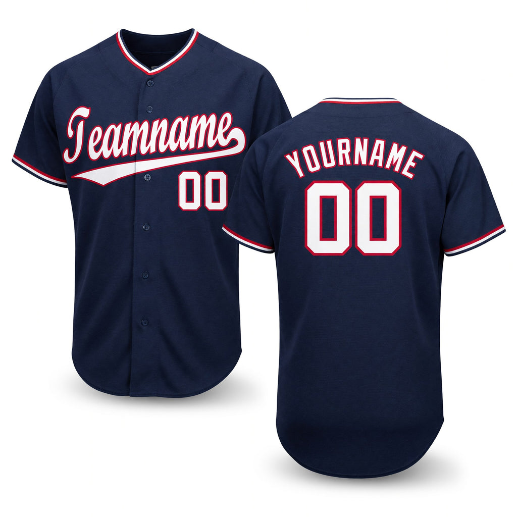 Custom Navy White-Red Baseball Jersey