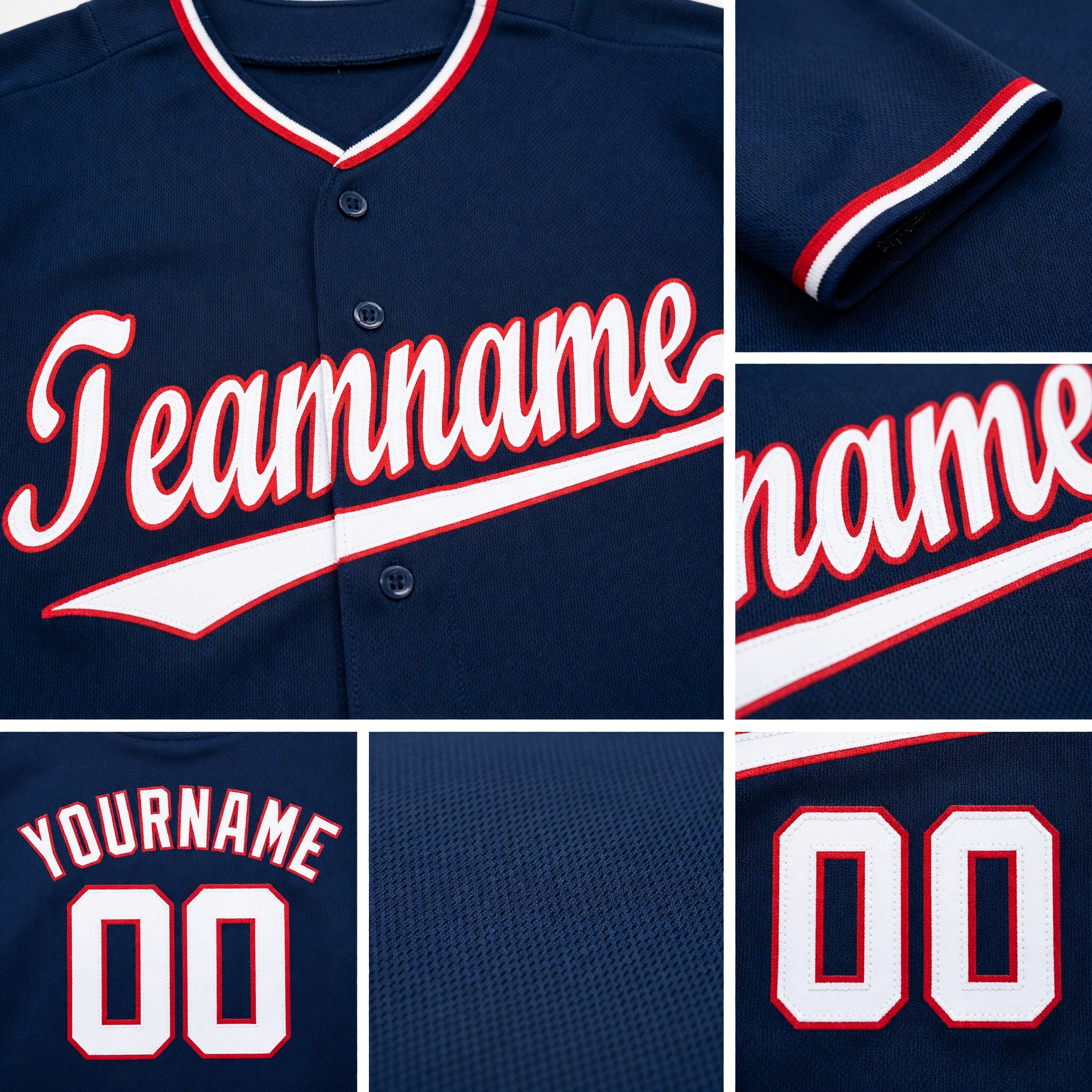 Custom Navy White-Red Baseball Jersey detail