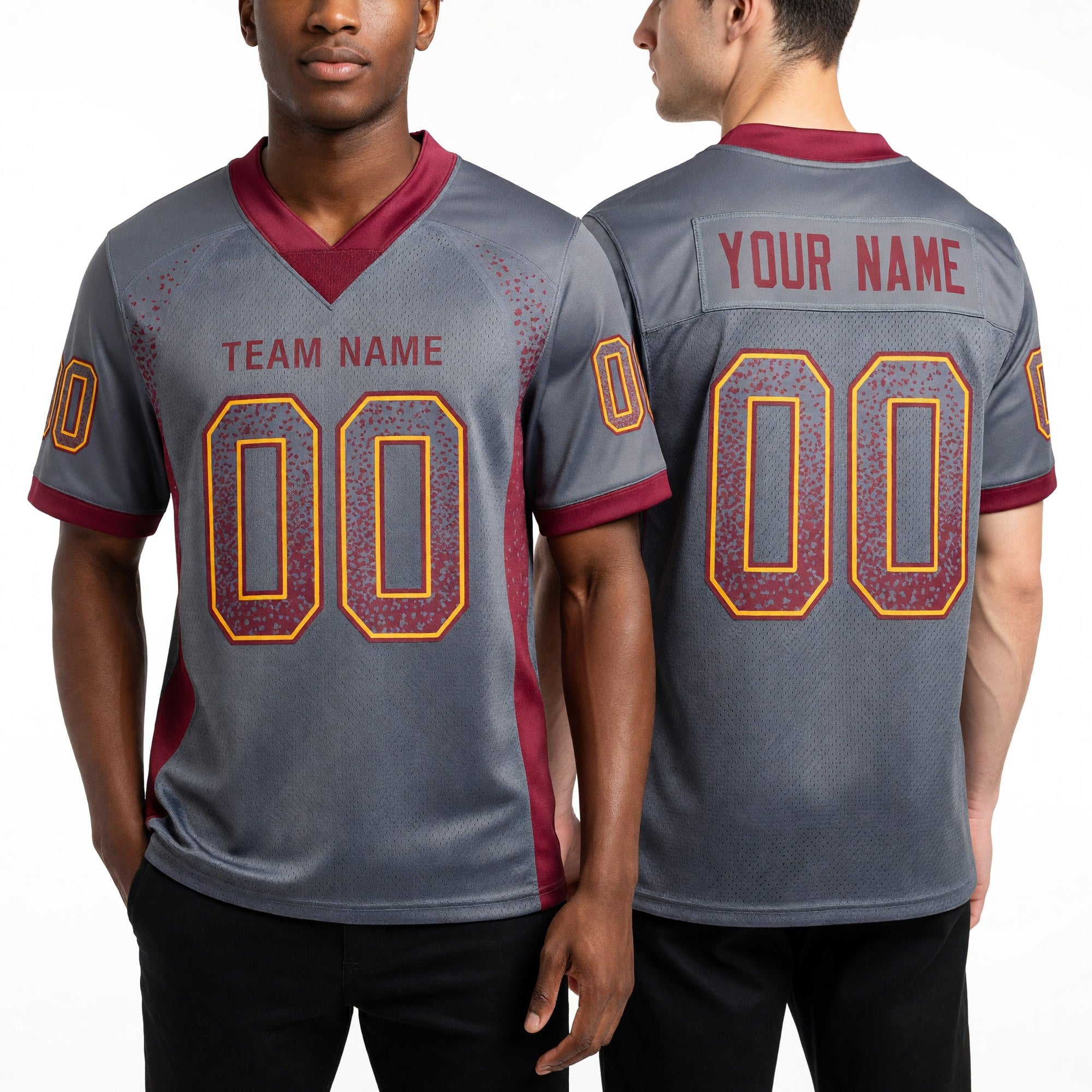 Custom Gray Burgundy-Gold Drift Fashion Football Jersey worn front and back
